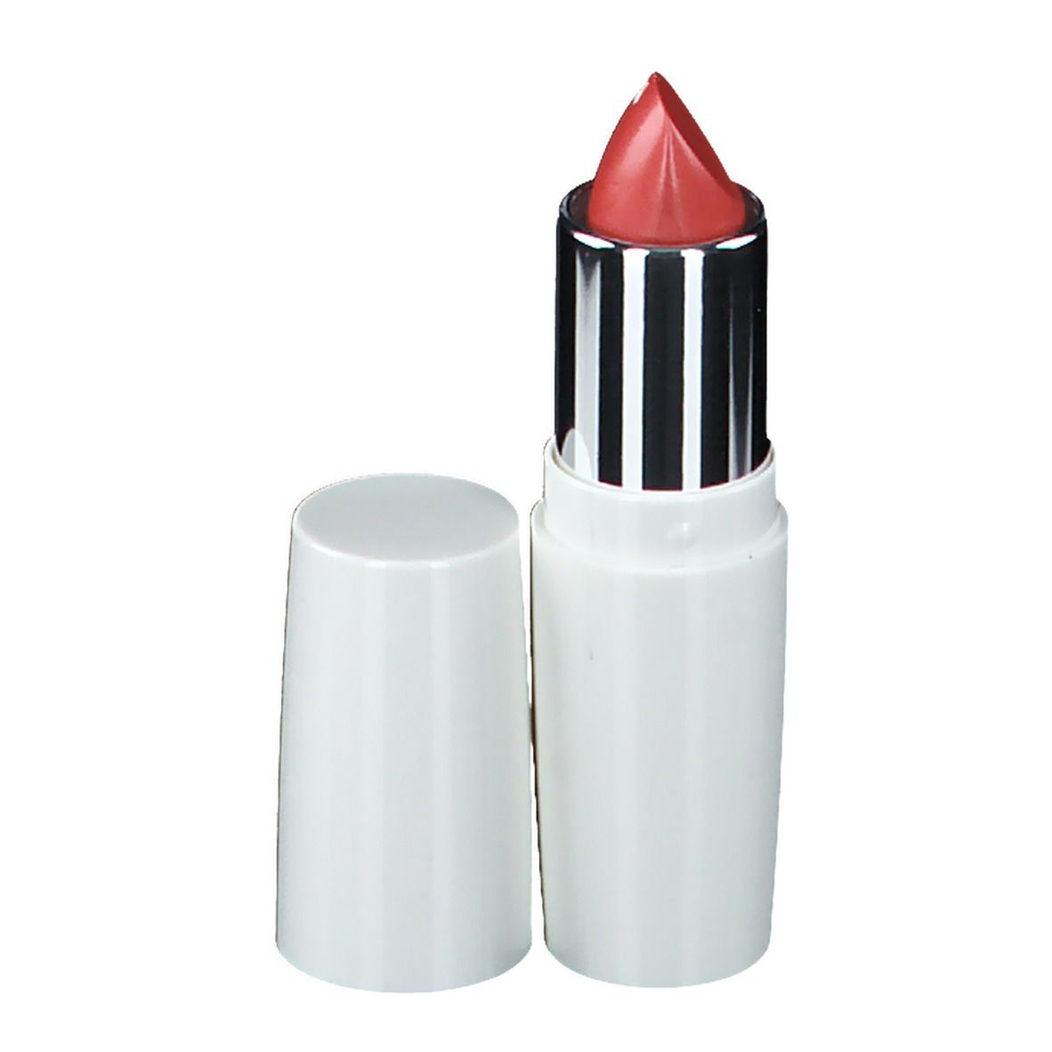Rouge à lèvres ouvert. Boîtier blanc, manchon argenté, rouge à lèvres rouge. Eye Care Cosmetics.