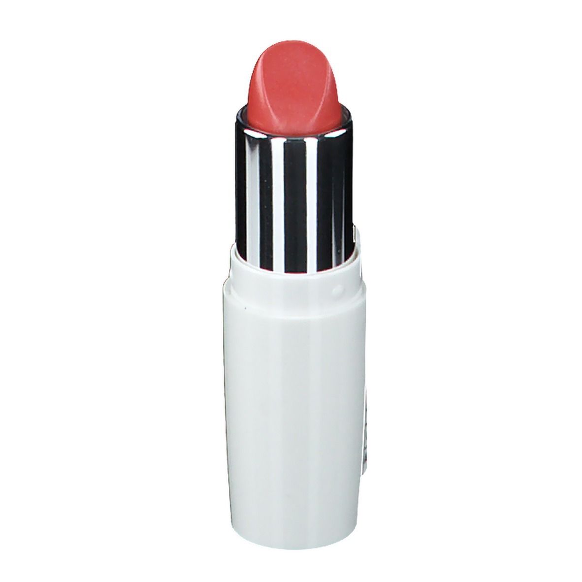 Rouge à lèvres ouvert. Boîtier blanc, manchon argenté, rouge à lèvres rose. Eye Care Cosmetics.