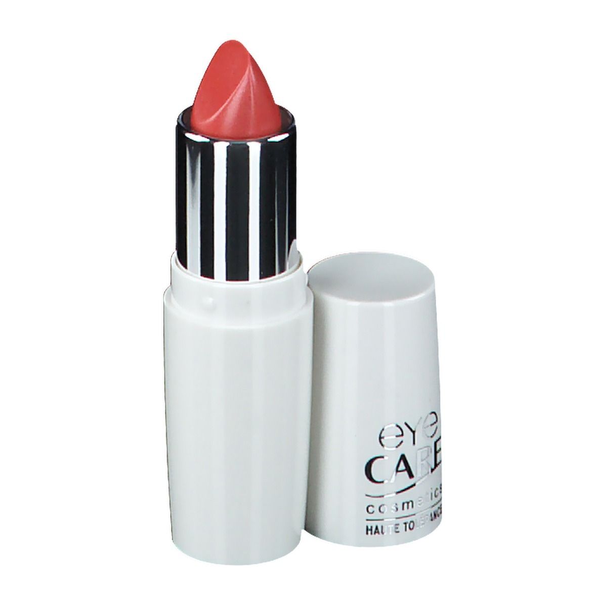 Rouge à lèvres ouvert. Boîtier blanc, manchon argenté, rouge à lèvres rouge. Eye Care Cosmetics.