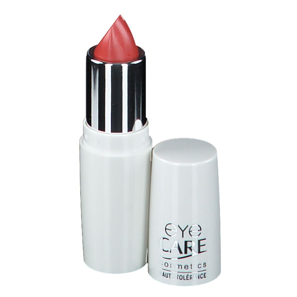 Rouge à lèvres ouvert. Boîtier blanc, manchon argenté, rouge à lèvres rouge. Eye Care Cosmetics.