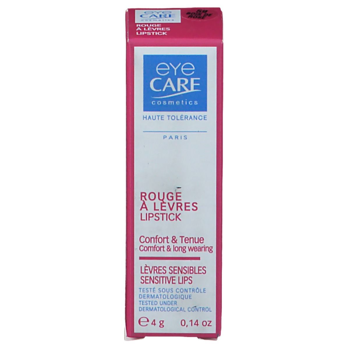 Emballage de rouge à lèvres. Rose et blanc. Eye Care Cosmetics. Texte sur l'emballage.