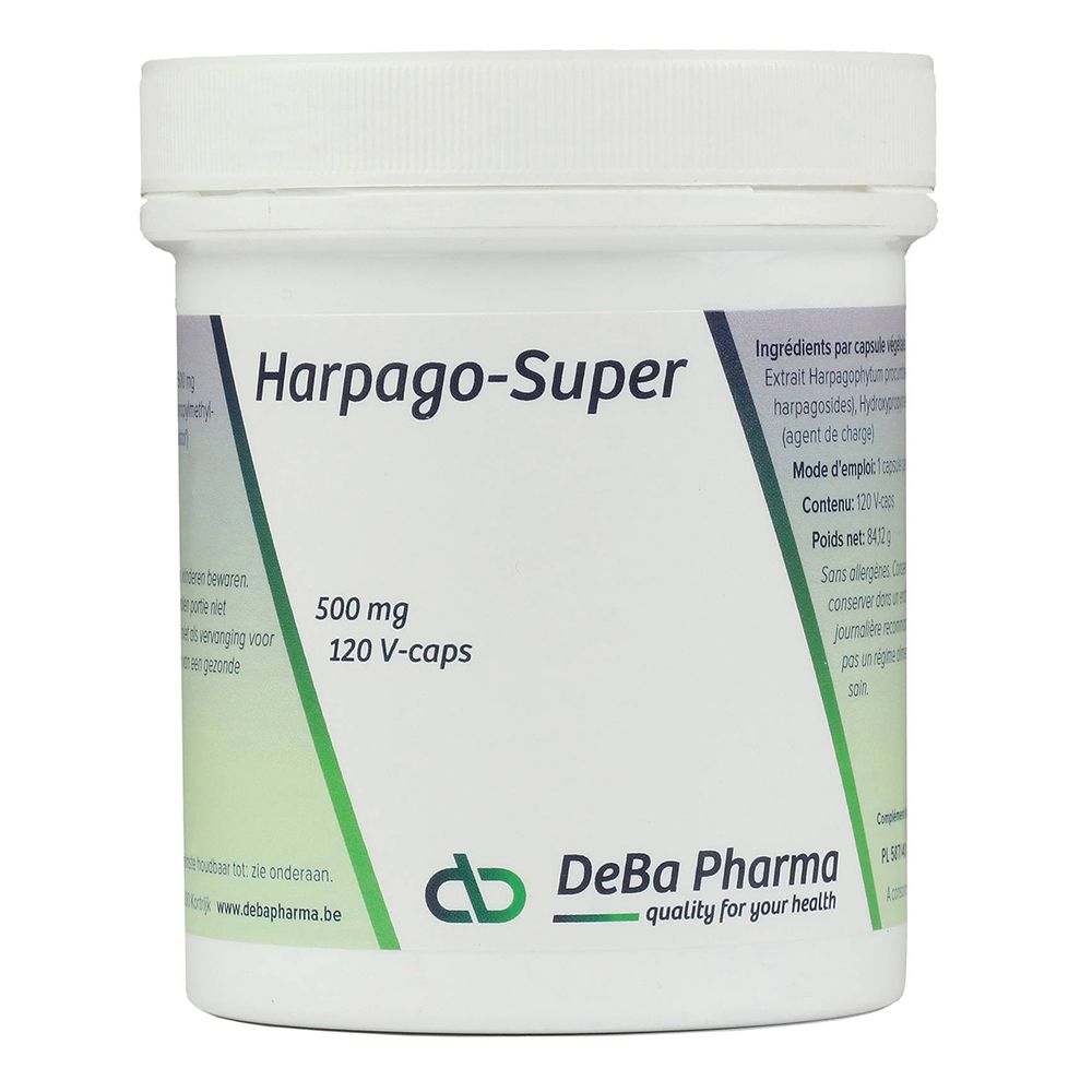 Witte pot met groen en blauw etiket. Opschrift: Harpago-Super 500 mg, 120 V-caps. DeBa Pharma logo.