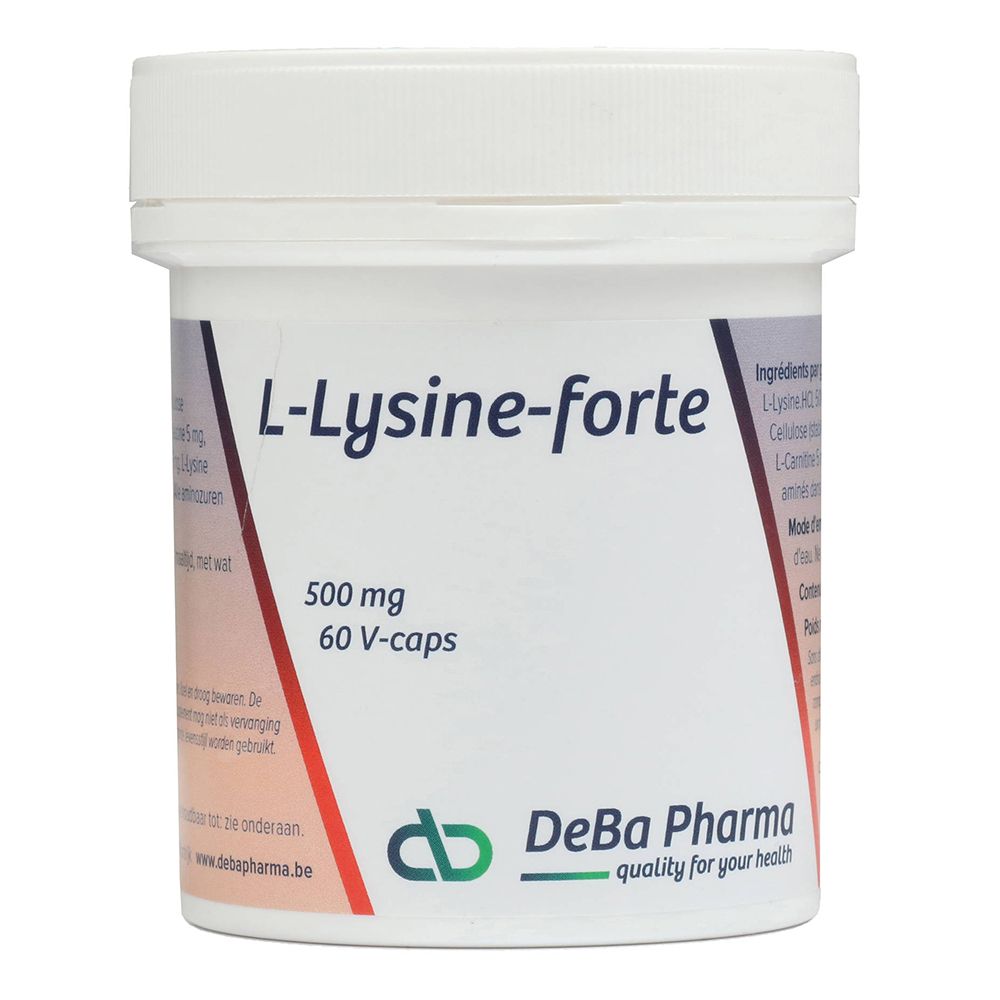 Witte, cilindrische pot met deksel. Opschrift: L-Lysine-forte, 500 mg, 60 V-caps. Logo DeBa Pharma.