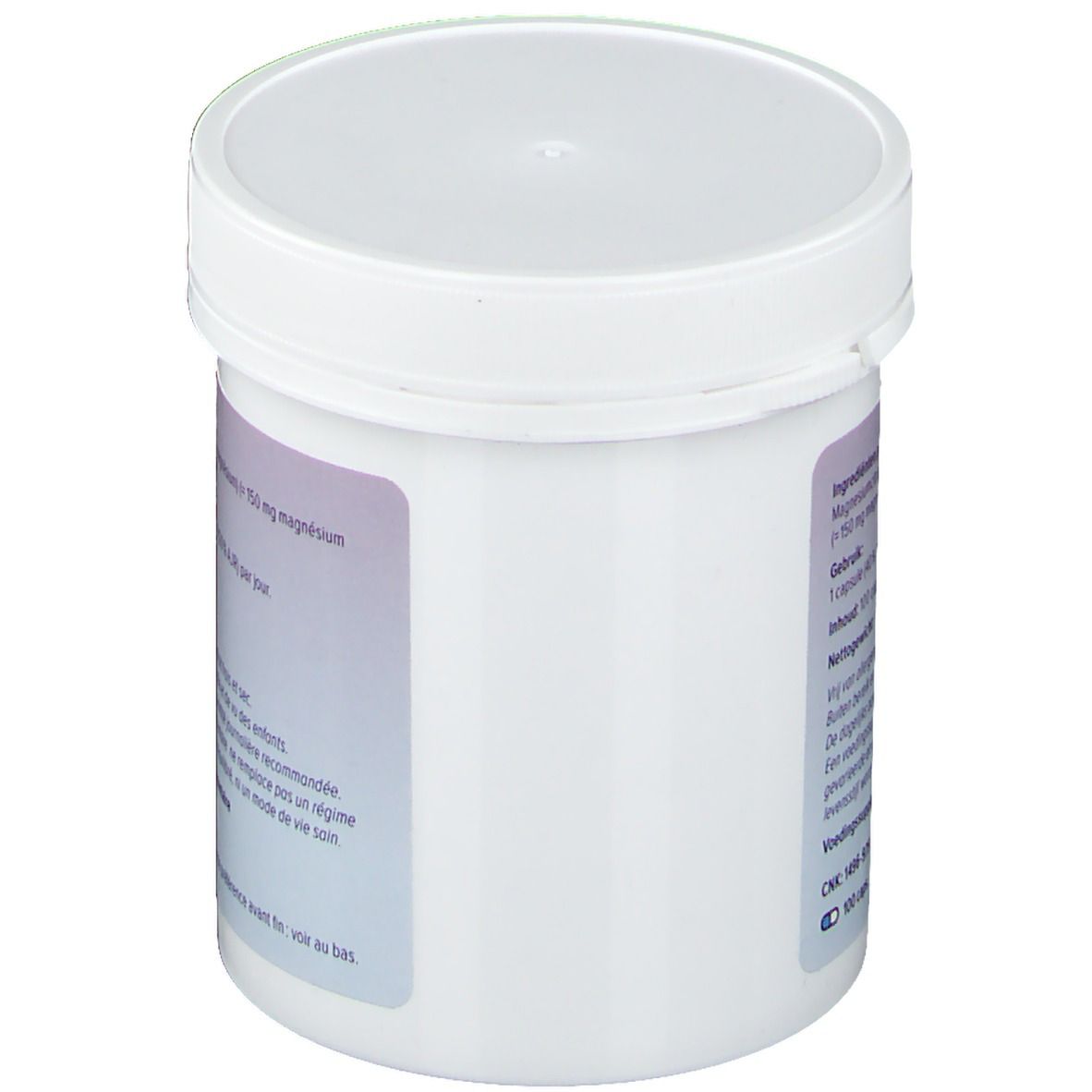 Witte pot met deksel. Zijaanzicht met tekst. Logo DeBa Pharma.