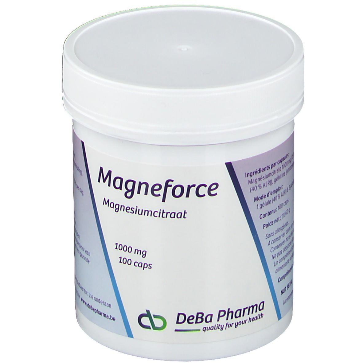 Witte pot met deksel. Opschrift: Magneforce, Magnesiumcitraat, 1000 mg, 100 caps. Logo DeBa Pharma.