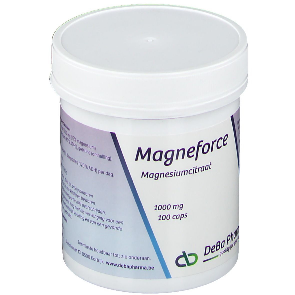 Witte pot met deksel. Opschrift: Magneforce, Magnesiumcitraat, 1000 mg, 100 caps. Logo DeBa Pharma.