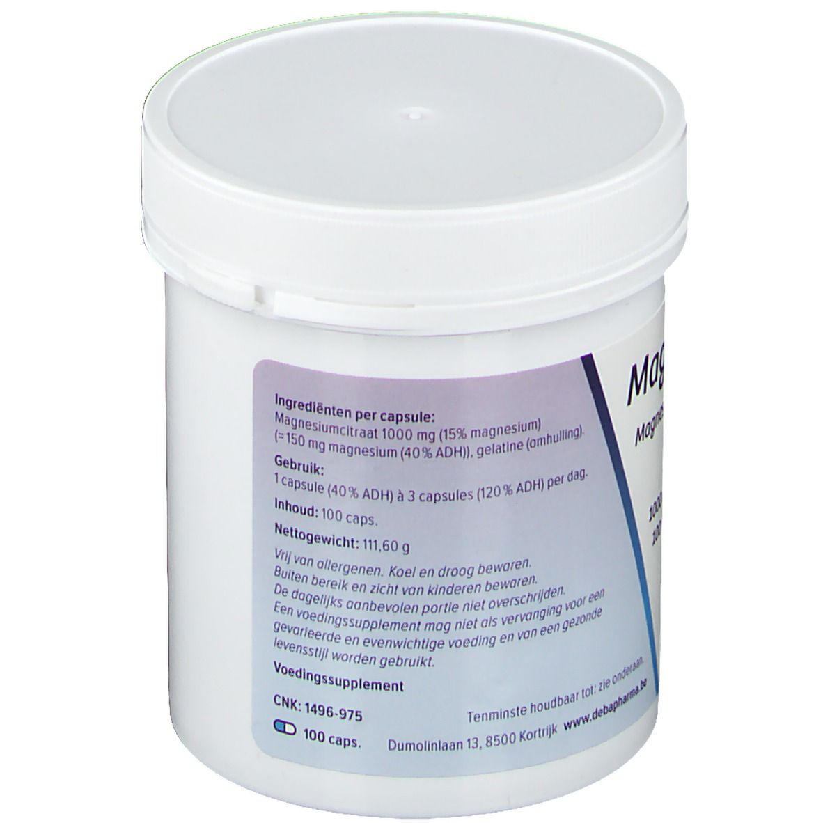 Witte pot met deksel. Achterkant met tekst: Ingrediënten, gebruiksaanwijzing, nettogewicht, waarschuwingen. Logo DeBa Pharma.