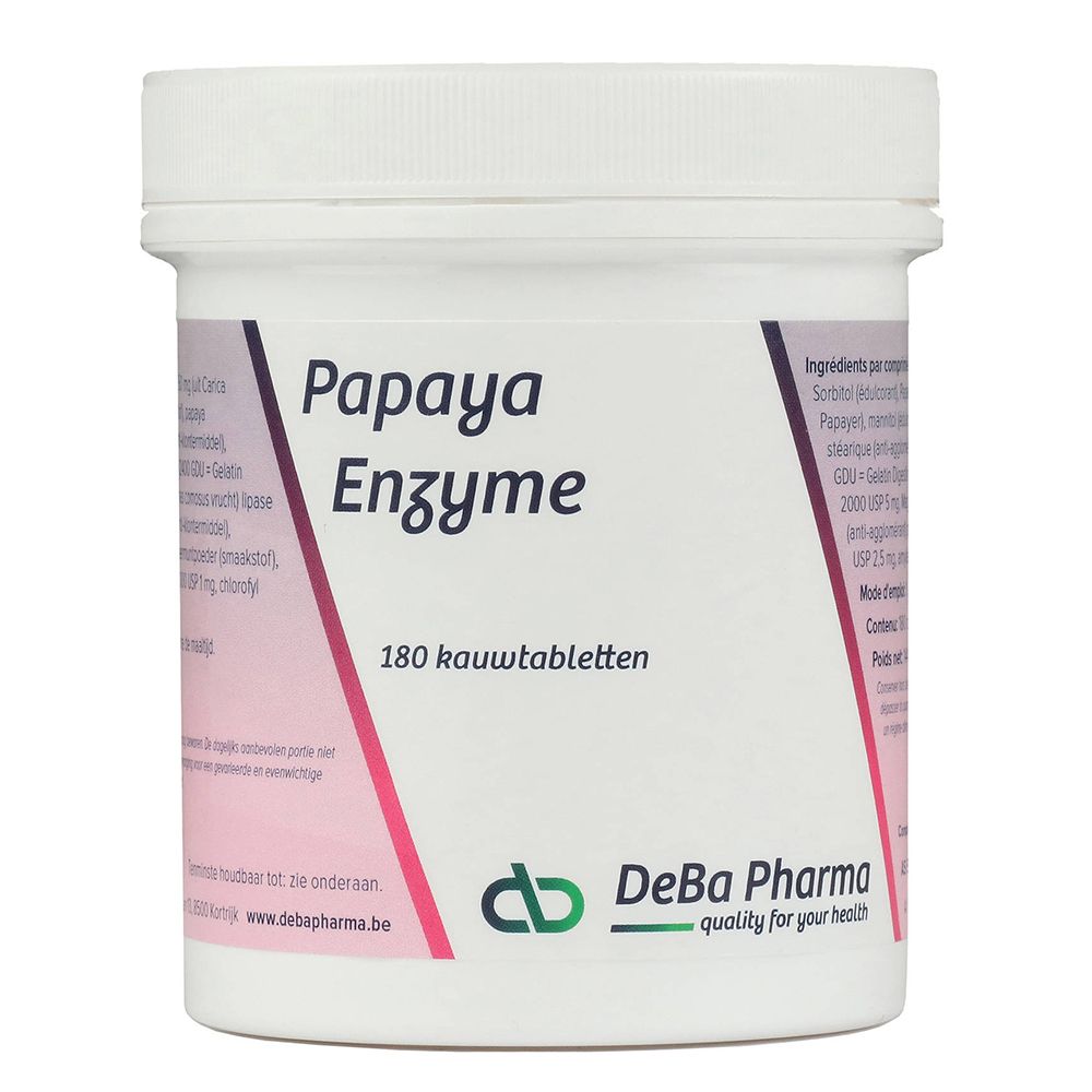 Récipient cylindrique blanc avec couvercle. Inscription: Papaya Enzyme, 180 comprimés à croquer. Logo: DeBa Pharma.
