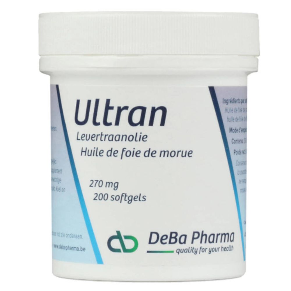 Weiße Dose mit "Ultran"-Aufdruck. Enthält Lebertranöl-Kapseln. Logo von DeBa Pharma.
