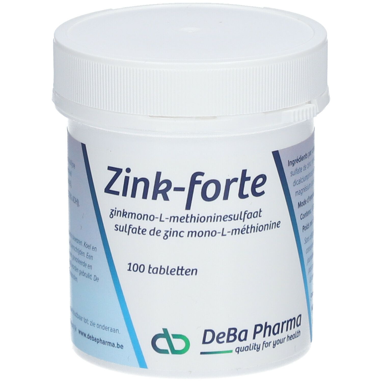Boîte blanche avec couvercle. Inscription: Zink-forte, 100 comprimés. Logo DeBa Pharma.