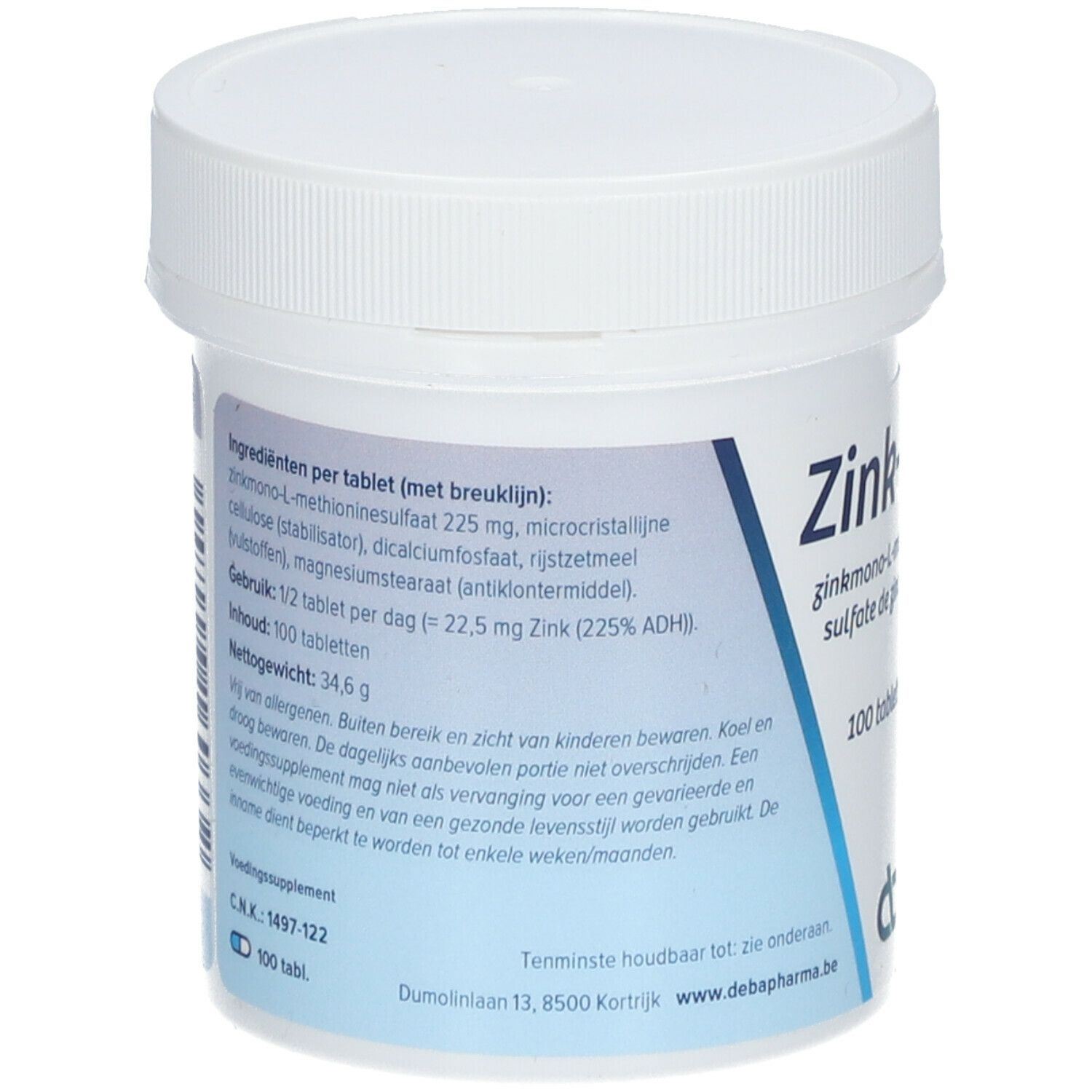 Boîte blanche avec couvercle. Inscription: Zink-forte, ingrédients, 100 comprimés. Logo DeBa Pharma.