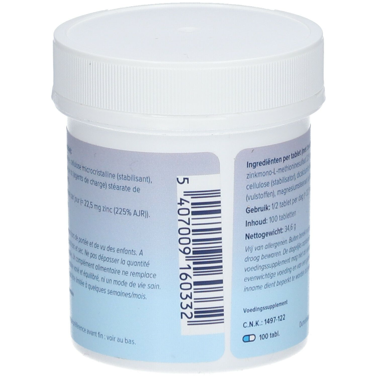 Boîte blanche avec couvercle. Dos avec ingrédients et code-barres. Logo DeBa Pharma.