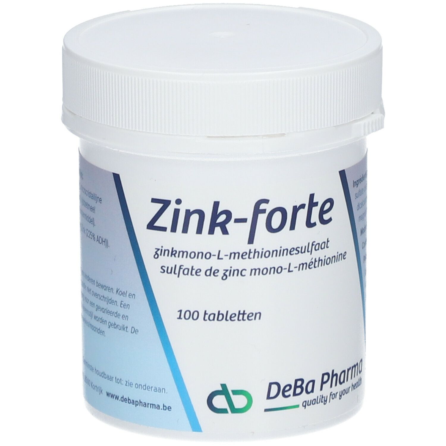 Boîte blanche avec couvercle. Inscription: Zink-forte, 100 comprimés. Logo DeBa Pharma.