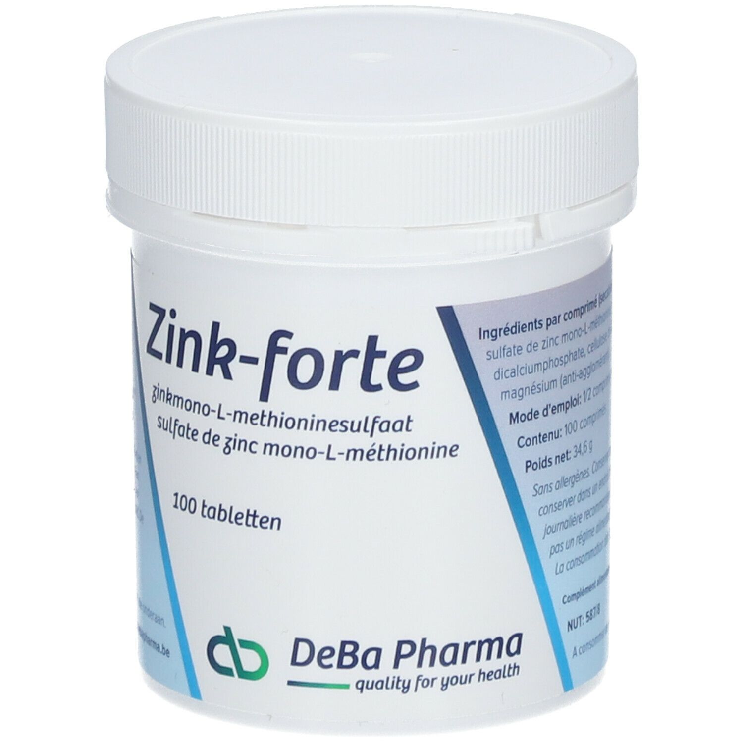Boîte blanche avec couvercle. Inscription: Zink-forte, 100 comprimés. Logo DeBa Pharma.
