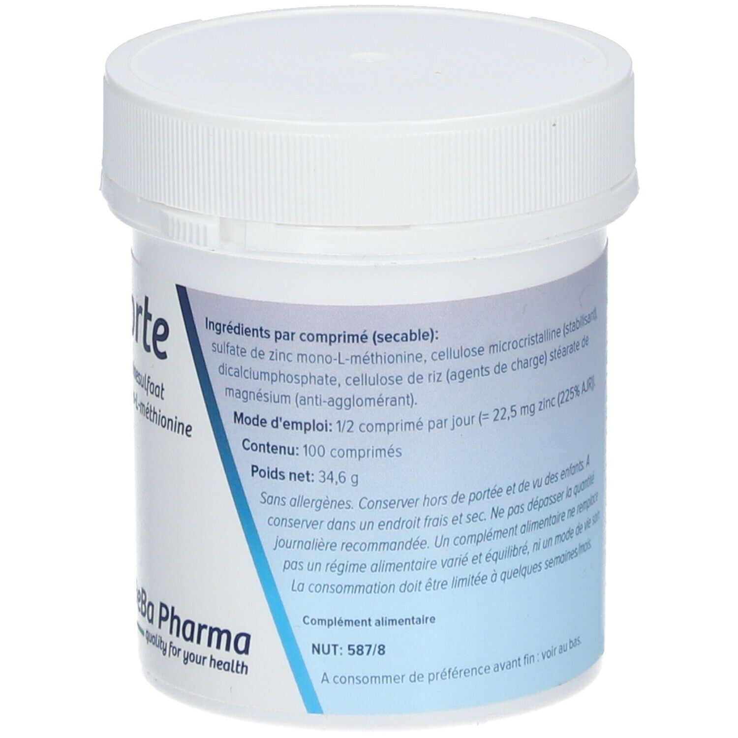 Boîte blanche avec couvercle. Dos avec ingrédients. Logo DeBa Pharma.