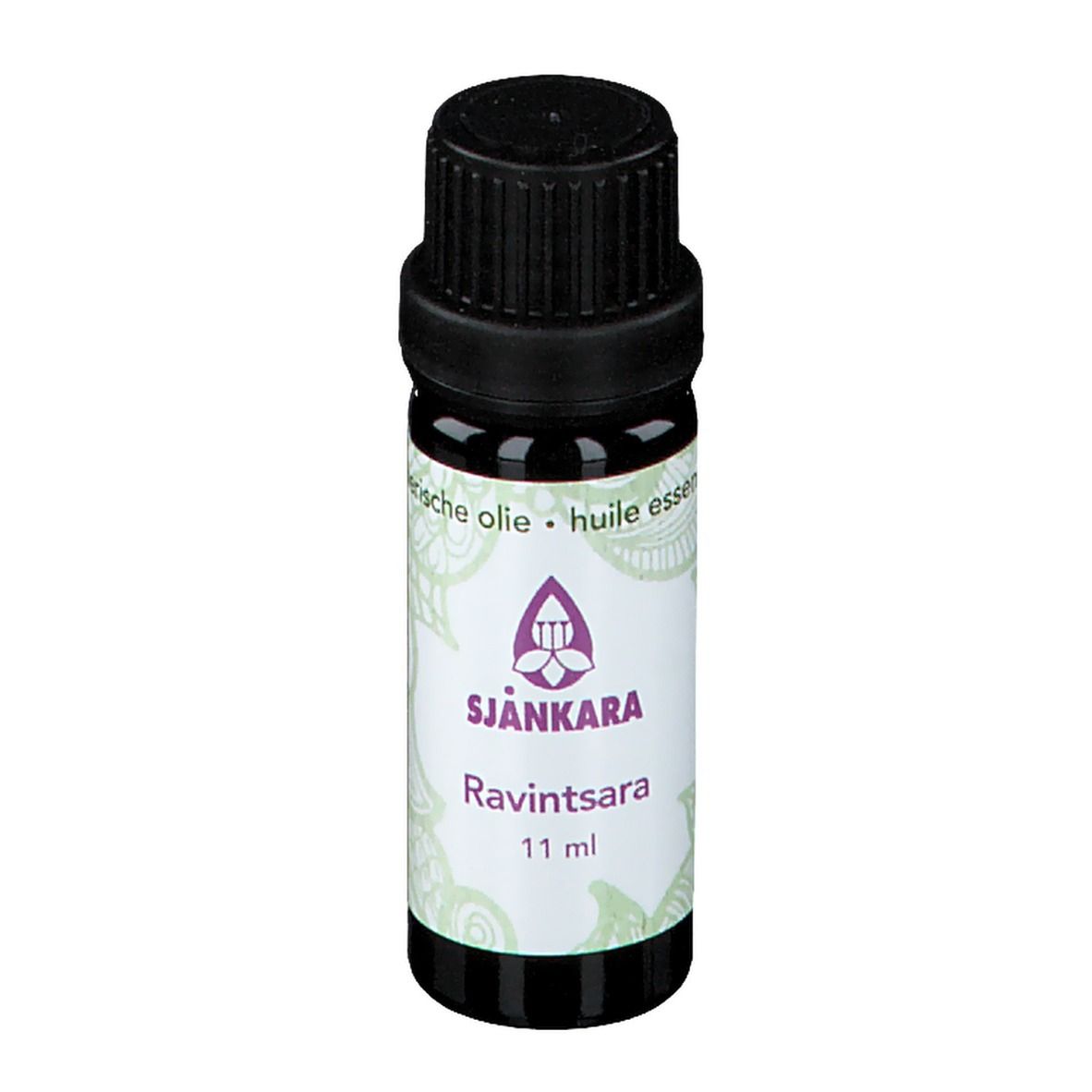Flacon en verre brun avec bouchon noir. Étiquette avec logo, nom du produit et 11 ml. Inscription : huiles essentielles.