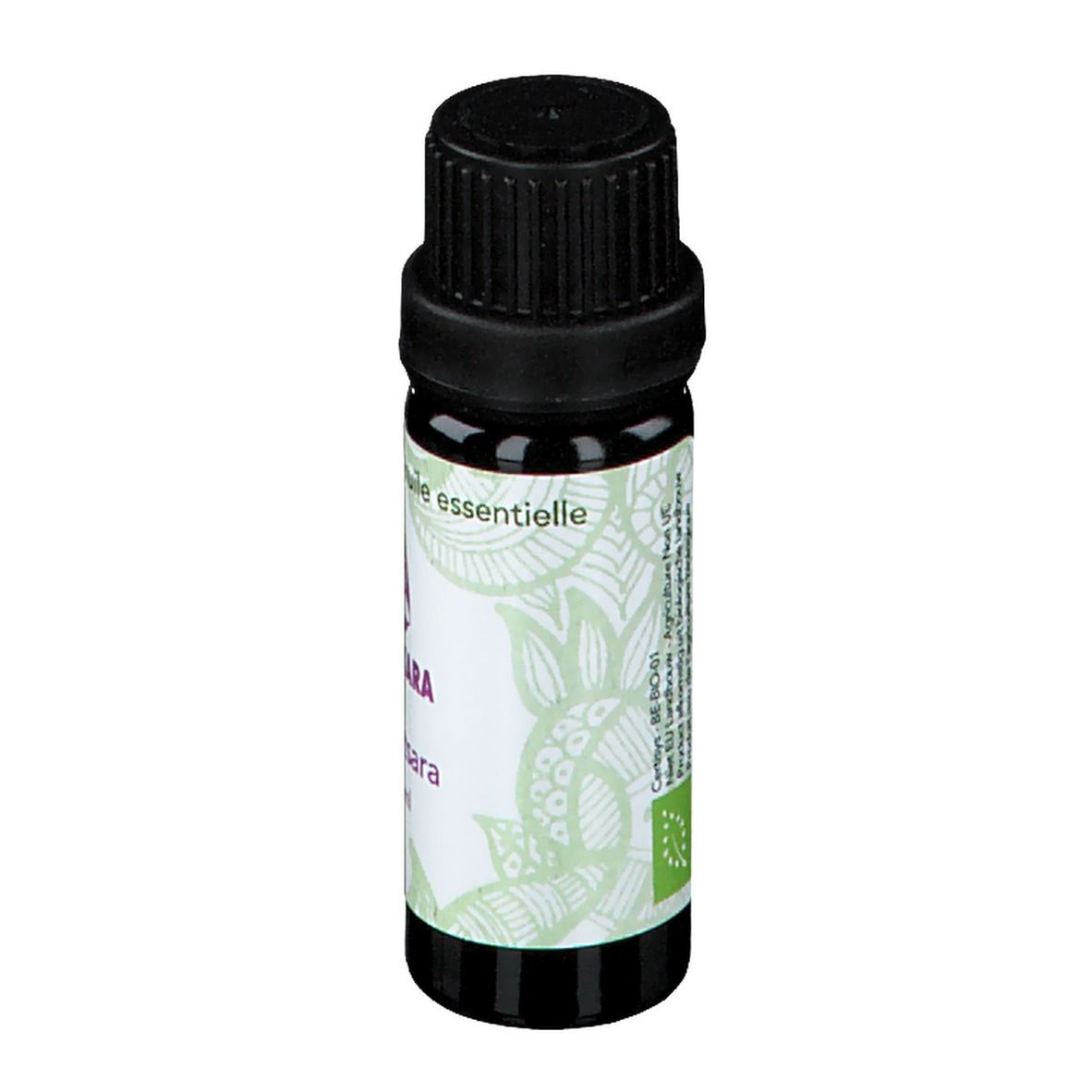 Flacon en verre brun avec bouchon noir. Étiquette avec logo, nom du produit et 11 ml. Inscription : huile essentielle.