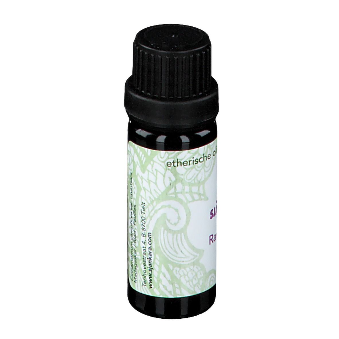 Flacon en verre brun avec bouchon noir. Étiquette avec logo, nom du produit et 11 ml. Inscription : huile essentielle.