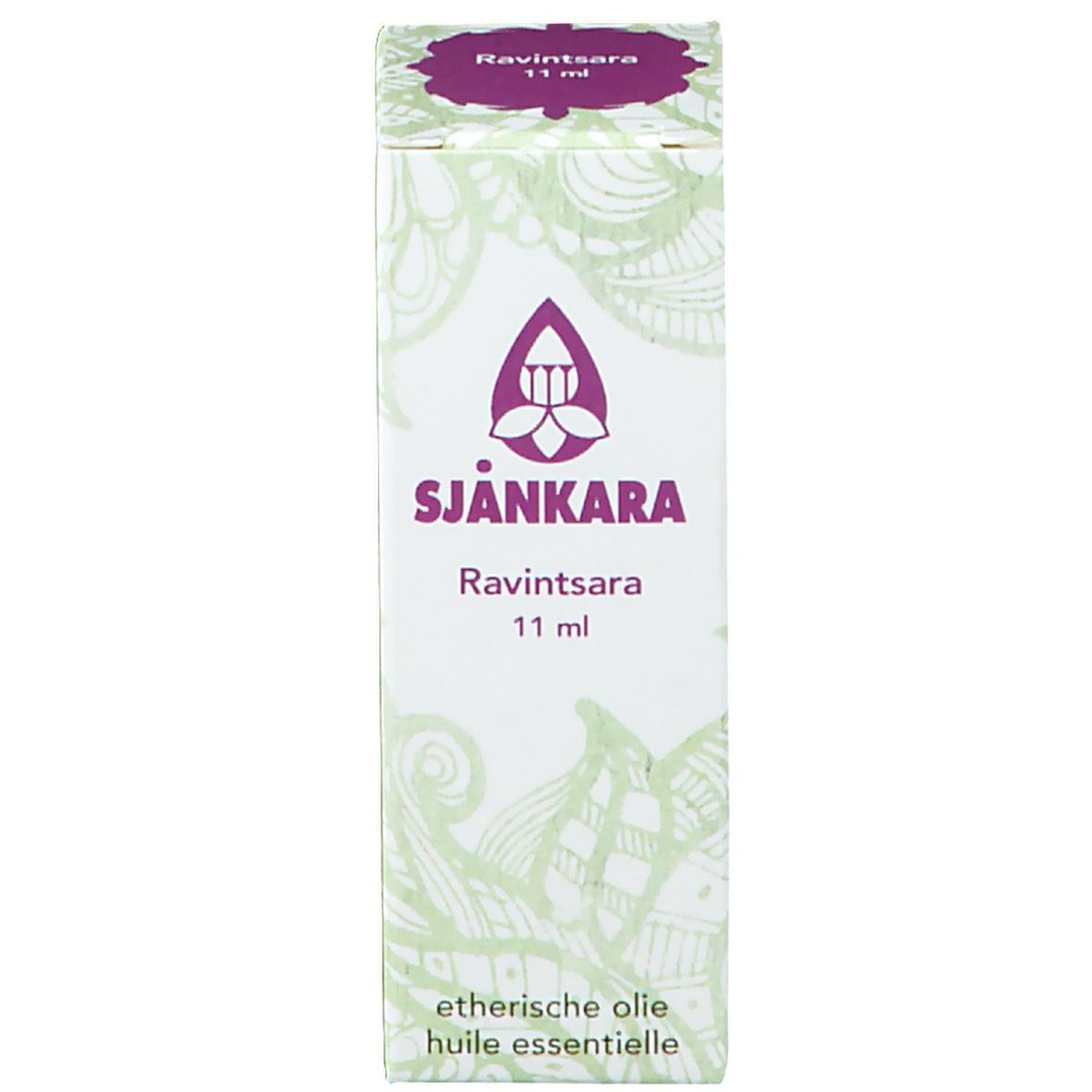 Emballage avec logo, nom du produit et 11 ml. Inscription : huiles essentielles. Motif vert et blanc.
