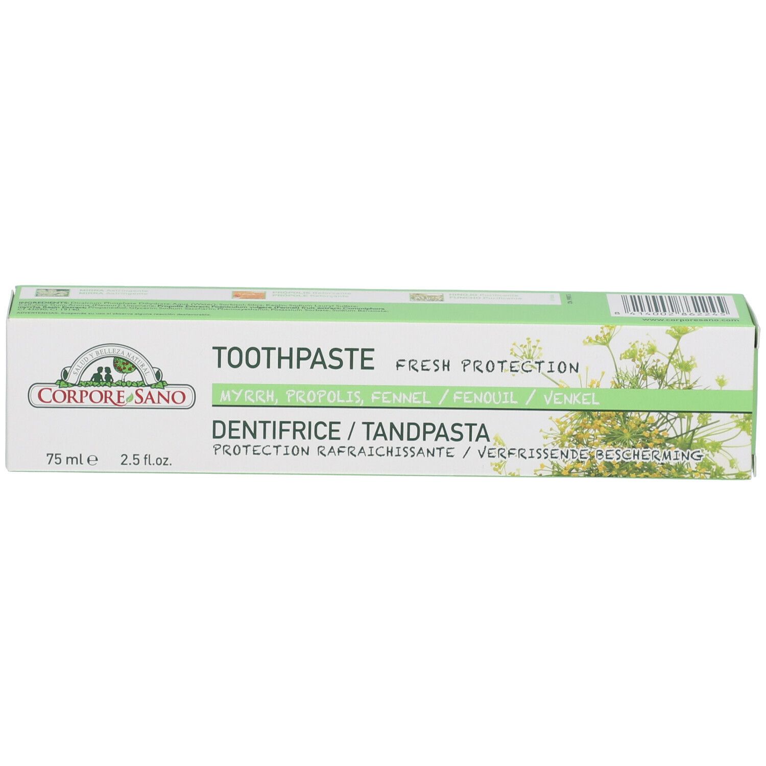Scatola verde con scritte 'Toothpaste', 'Corpore Sano'. Contiene dentifricio. Testo multilingue.