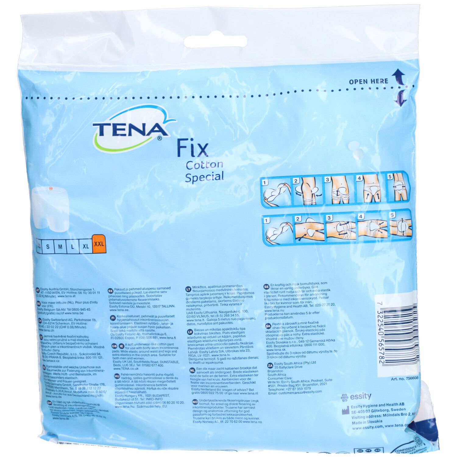 Emballage TENA Fix Cotton Special XXL. Emballage bleu avec illustration du produit et indications de taille. Instructions au dos.