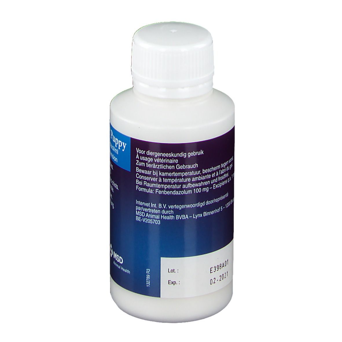 Vue arrière du flacon blanc avec étiquette bleue. Informations textuelles et date d'expiration 02-2021.