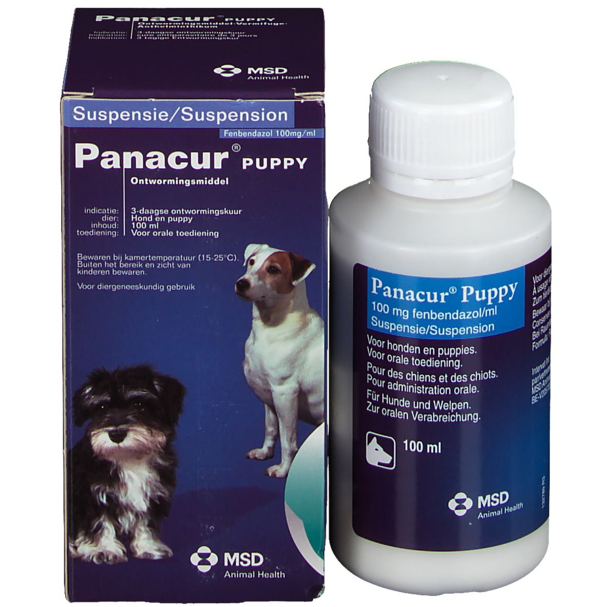Produit et emballage. Flacon blanc et boîte avec inscription Panacur Puppy. Images de chiens.