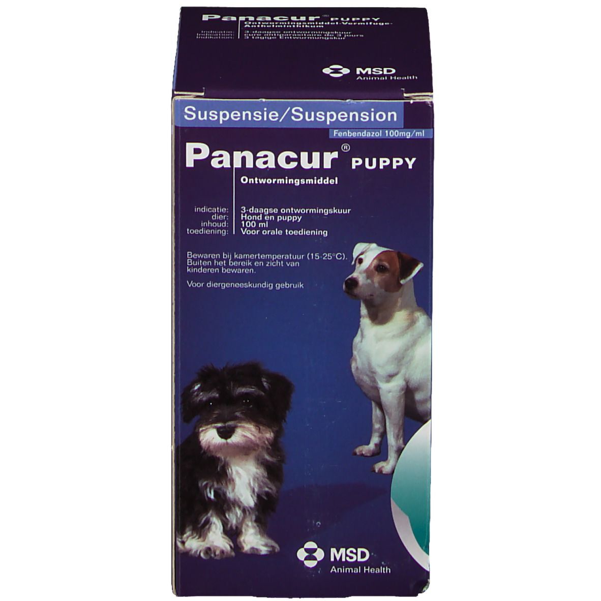 Emballage en carton avec inscription Panacur Puppy. Images de chiens. Logo MSD.