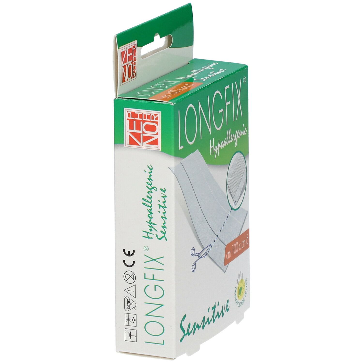 Zijaanzicht van de Longfix-verbandverpakking. Groen-witte doos met productnaam en afmetingen. Hypoallergeen, Sensitive.
