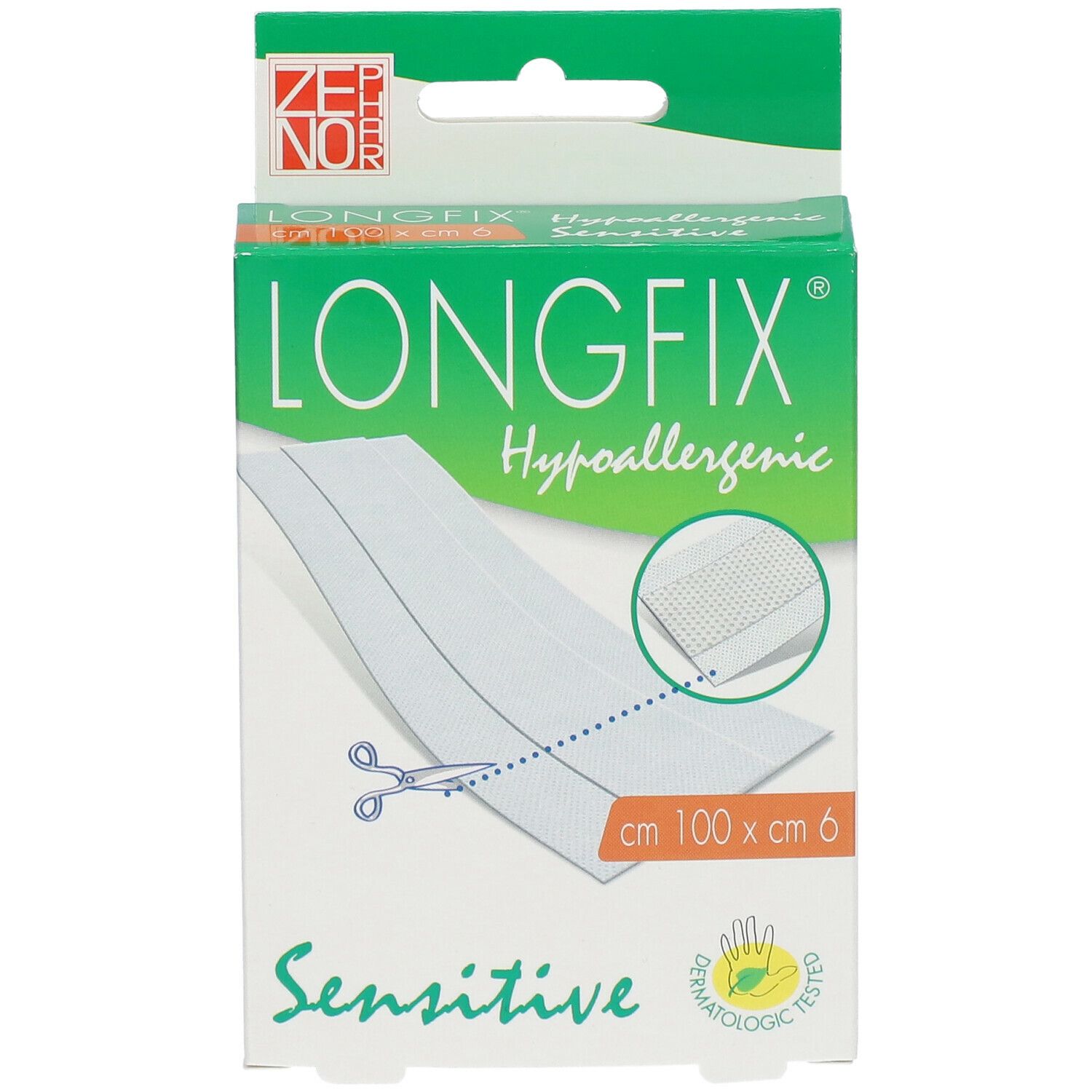 Vooraanzicht van de Longfix-verbandverpakking. Groen-witte doos met productnaam en afmetingen: 100 cm x 6 cm. Hypoallergeen, Sensitive.