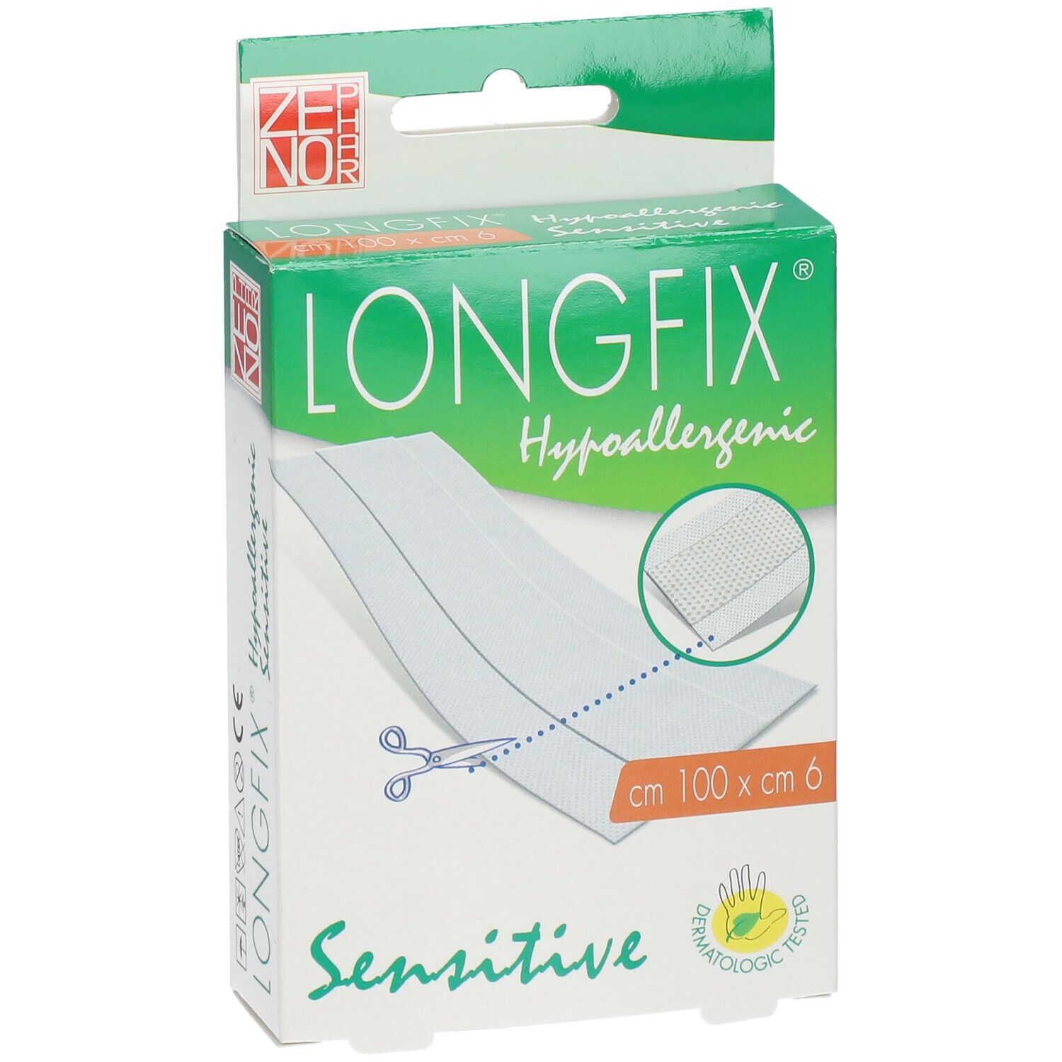 Vooraanzicht van de Longfix-verbandverpakking. Groen-witte doos met productnaam en afmetingen: 100 cm x 6 cm. Hypoallergeen, Sensitive.