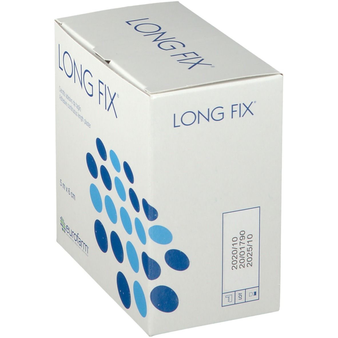 Emballage Longfix. Inscription: Long Fix, 5 m x 6 cm, eurofarm. Points bleus. Indication de date.