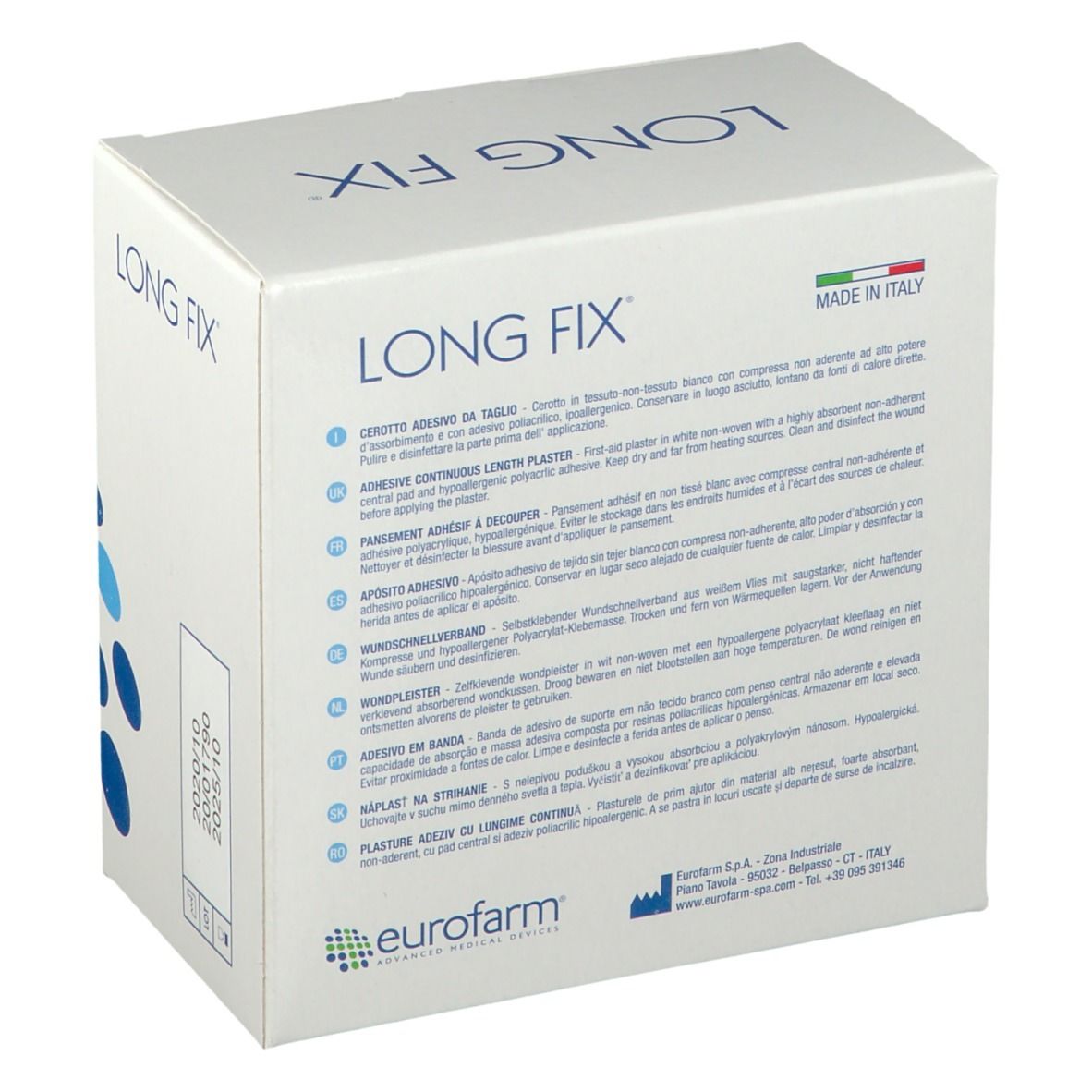 Emballage Longfix. Inscription: Long Fix, eurofarm. Texte multilingue. Fabriqué en Italie.