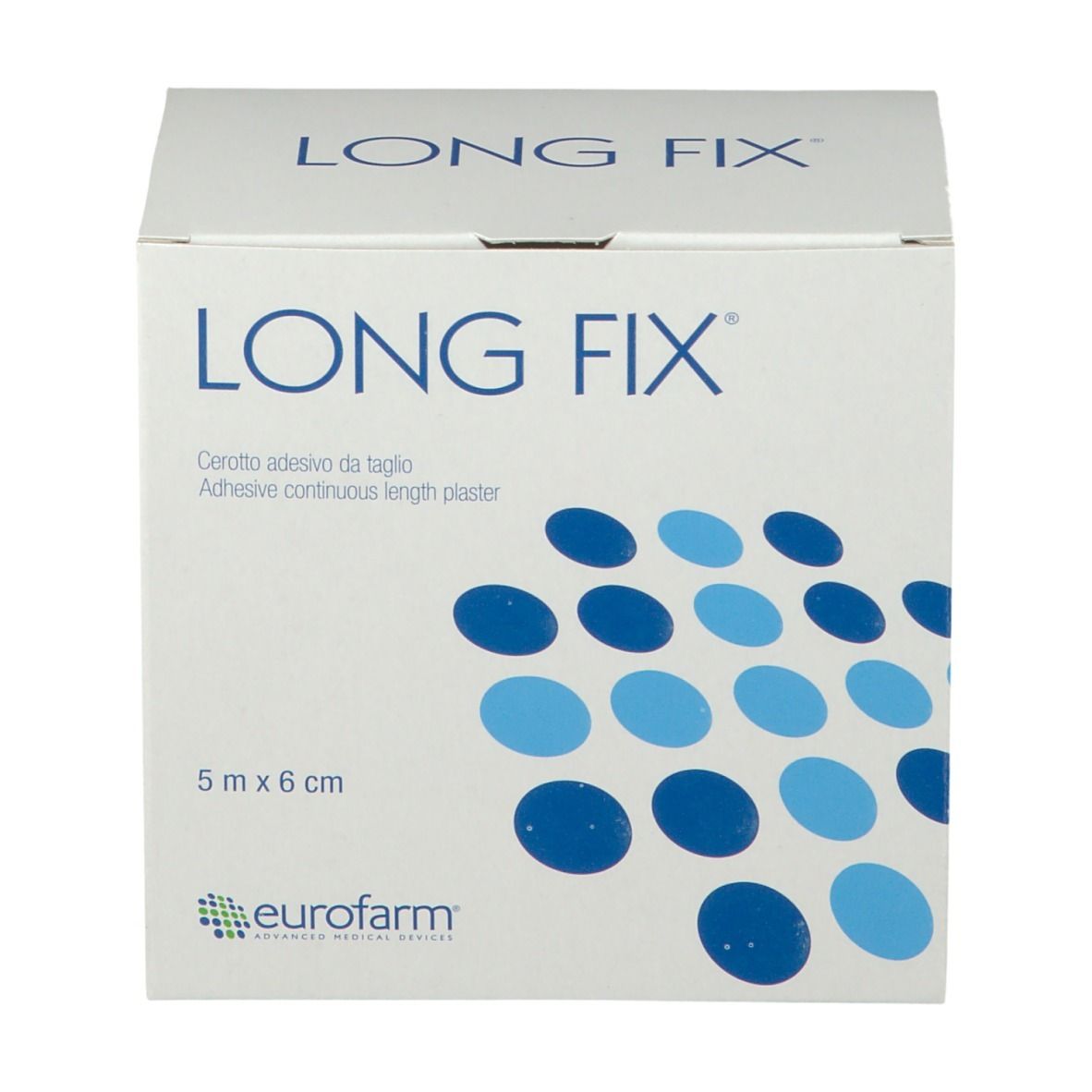 Emballage Longfix. Inscription: Long Fix, 5 m x 6 cm, eurofarm. Points bleus sur fond blanc.