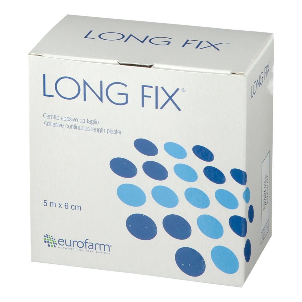 Emballage Longfix. Inscription: Long Fix, 5 m x 6 cm, eurofarm. Points bleus sur fond blanc.