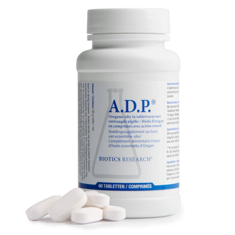 Comprimés blancs à côté d'un flacon blanc. Inscription: A.D.P. Biotics Research. 60 comprimés.