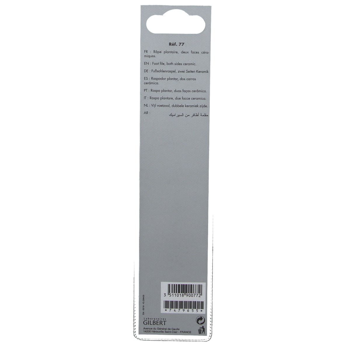 Emballage produit gris avec texte multilingue. Trou de suspension en haut. Code-barres et logo GILBERT en bas.