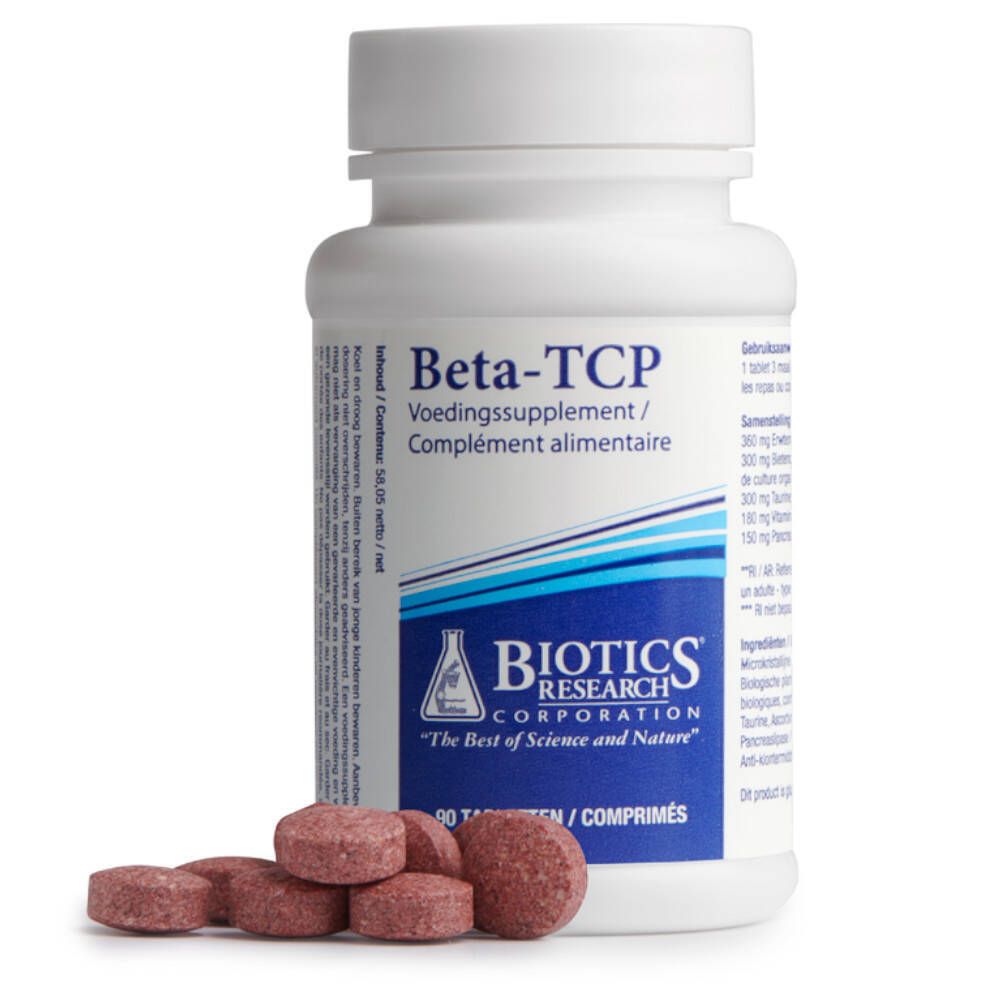 Weiße Flasche Beta-TCP und einige Tabletten daneben. Aufschrift: Biotics Research, 90 Tabletten. Nahrungsergänzungsmittel.