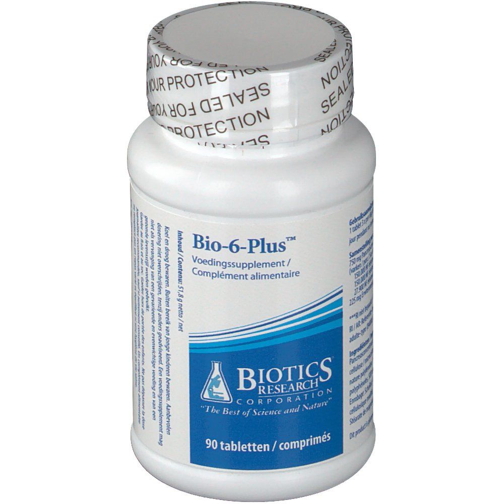 Flacone bianco con 'Bio-6-Plus' e logo 'Biotics Research'. 90 compresse. Tappo con 'SEALED FOR YOUR PROTECTION'.