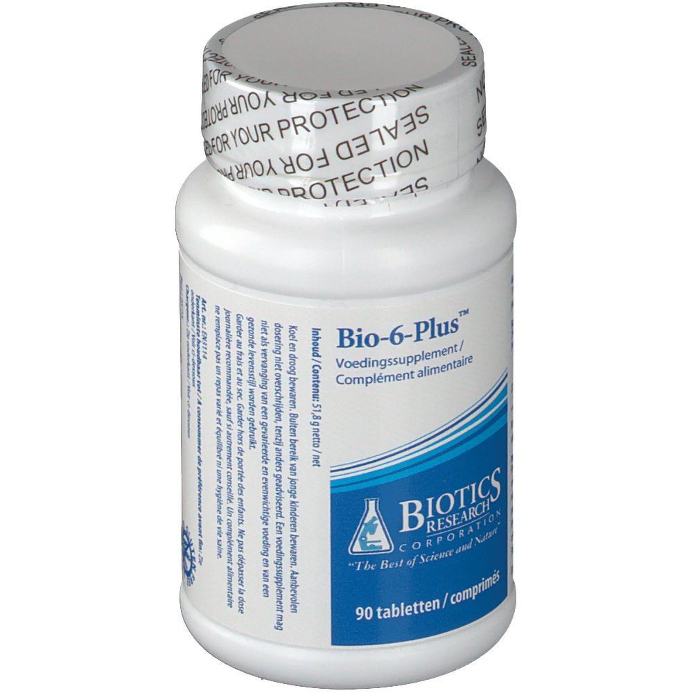 Flacone bianco con 'Bio-6-Plus' e logo 'Biotics Research'. 90 compresse. Tappo con 'SEALED FOR YOUR PROTECTION'.