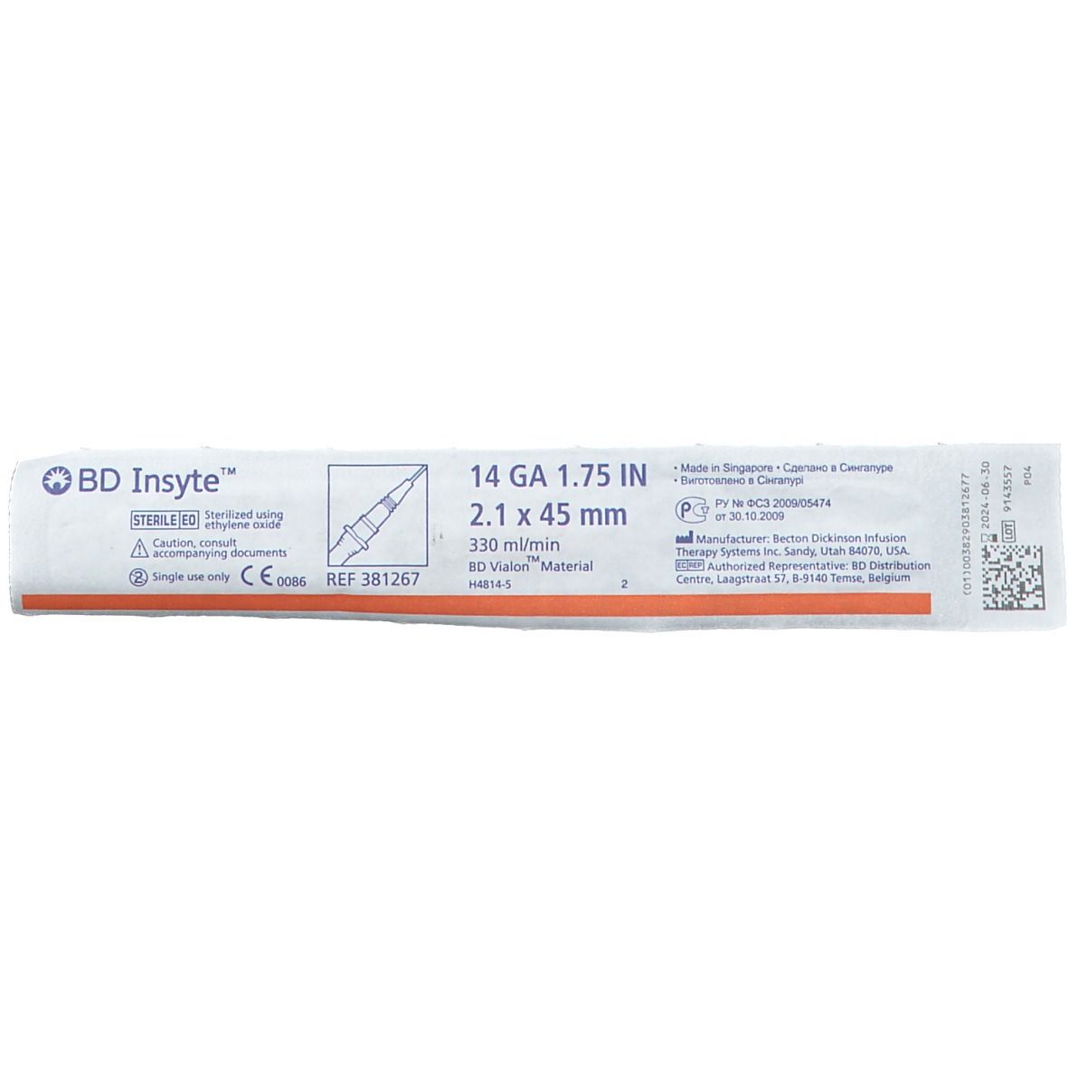 Verpakking met productinformatie. Opschrift: BD Insyte, 14 GA 1.75 IN, 2.1 x 45 mm, 330 ml/min. CE-markering.