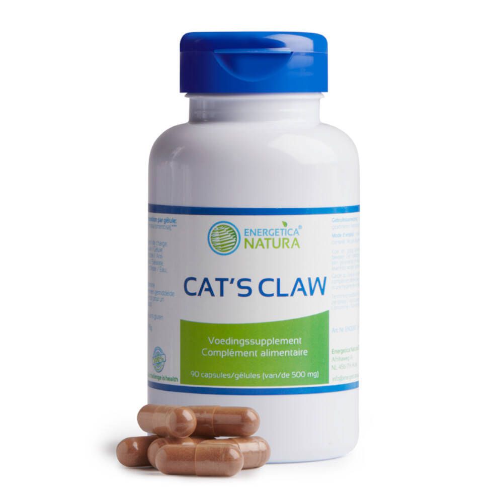 Witte fles met blauwe dop. Opschrift: Cat's Claw. Bruine capsules ernaast. Merk: Energetica Natura.