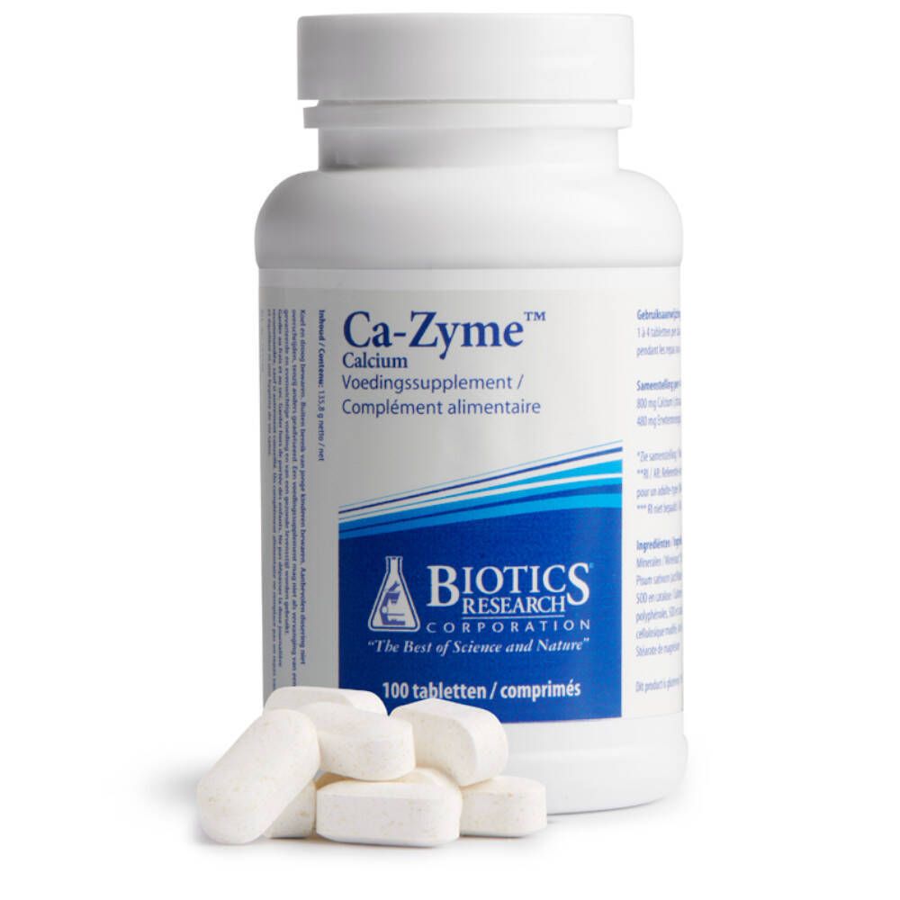 Flacon blanc à bouchon à vis et comprimés à côté. Inscription Ca-Zyme Calcium, 100 comprimés. Logo Biotics Research.