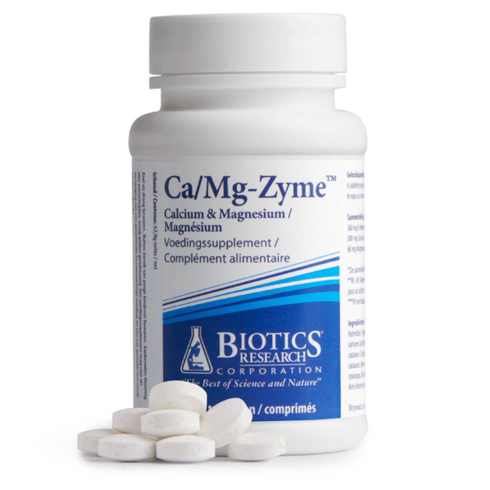 Comprimés blancs et flacon blanc avec étiquette bleue. Inscription : Ca/Mg-Zyme, Biotics Research. 120 comprimés.