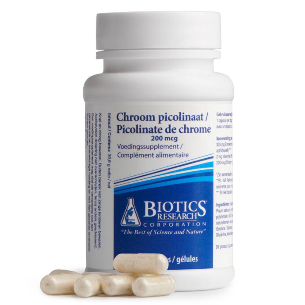 Flacon blanc avec capsules et capsules en vrac. Inscription: Chroom picolinaat / Picolinate de chrome, 200 mcg. Marque: Biotics Research.