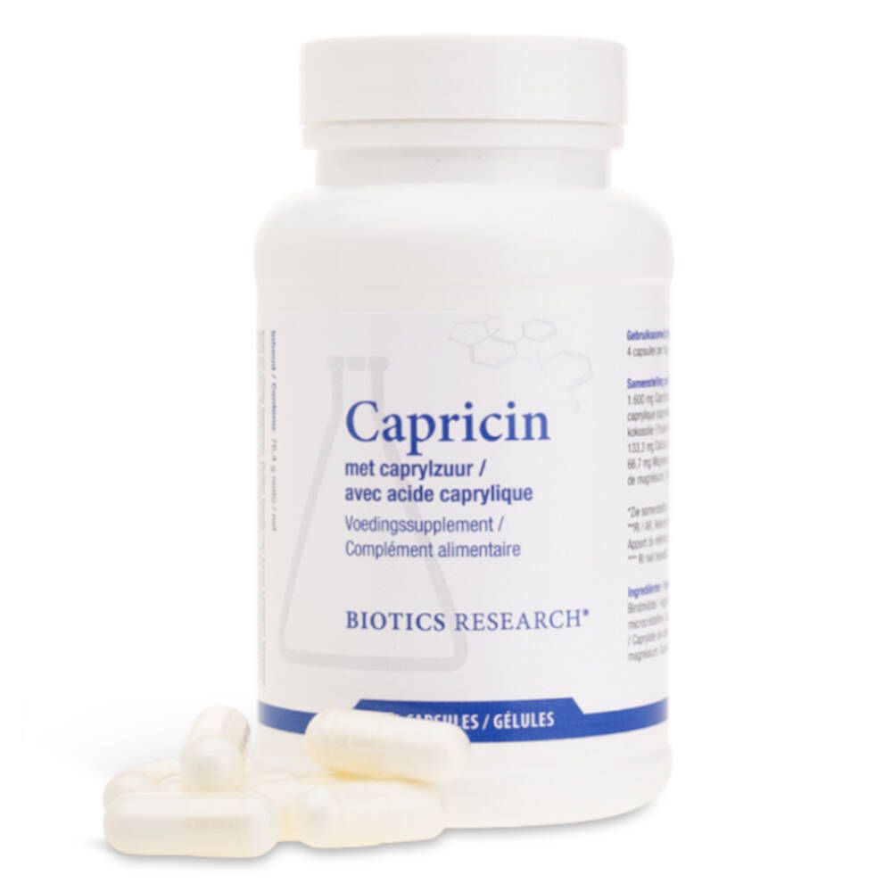Flacon blanc avec gélules et gélules en vrac. Inscription: Capricin. Marque: Biotics Research.