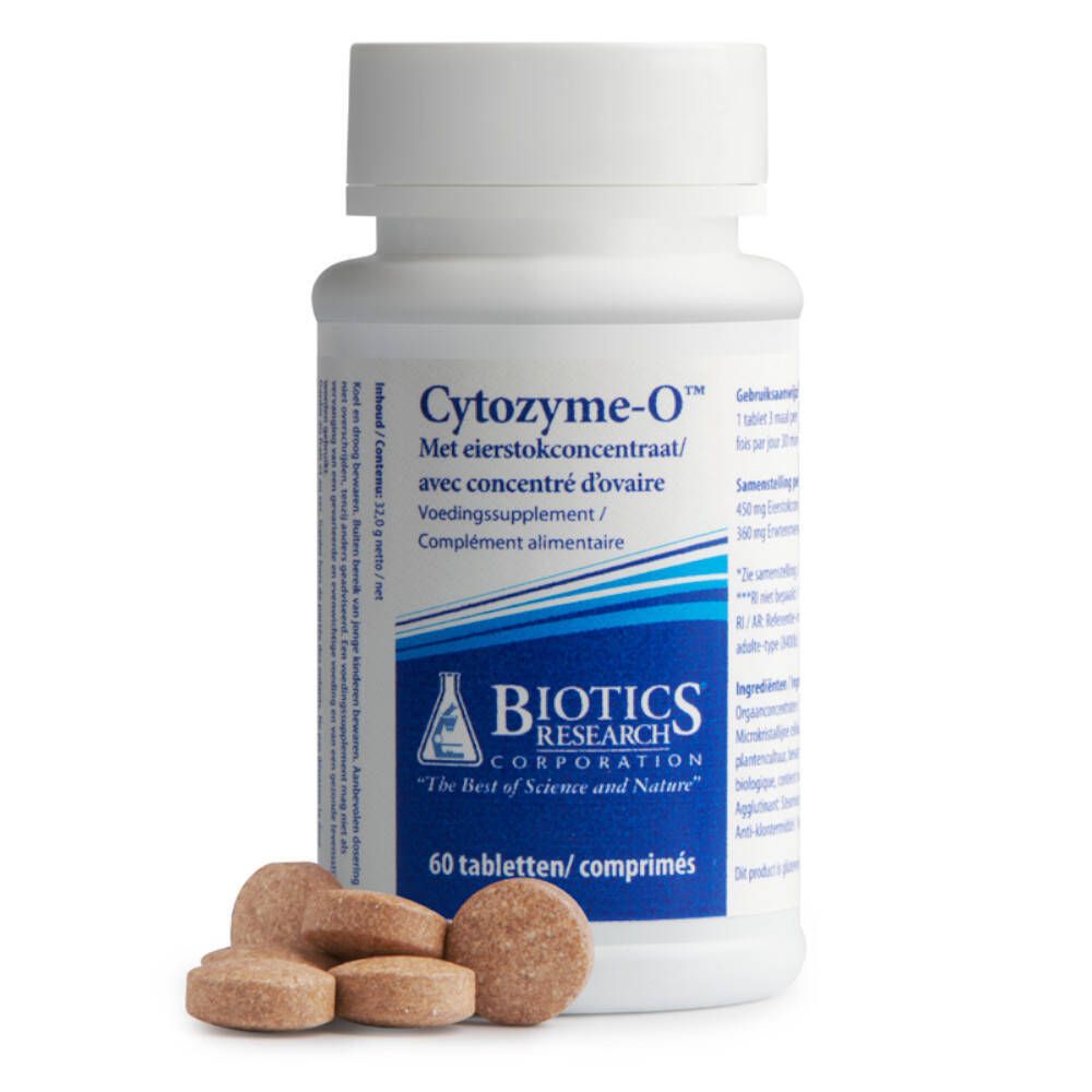 Flacon blanc avec texte bleu et comprimés à côté. Inscription : Cytozyme-O, Biotics Research. 60 comprimés.