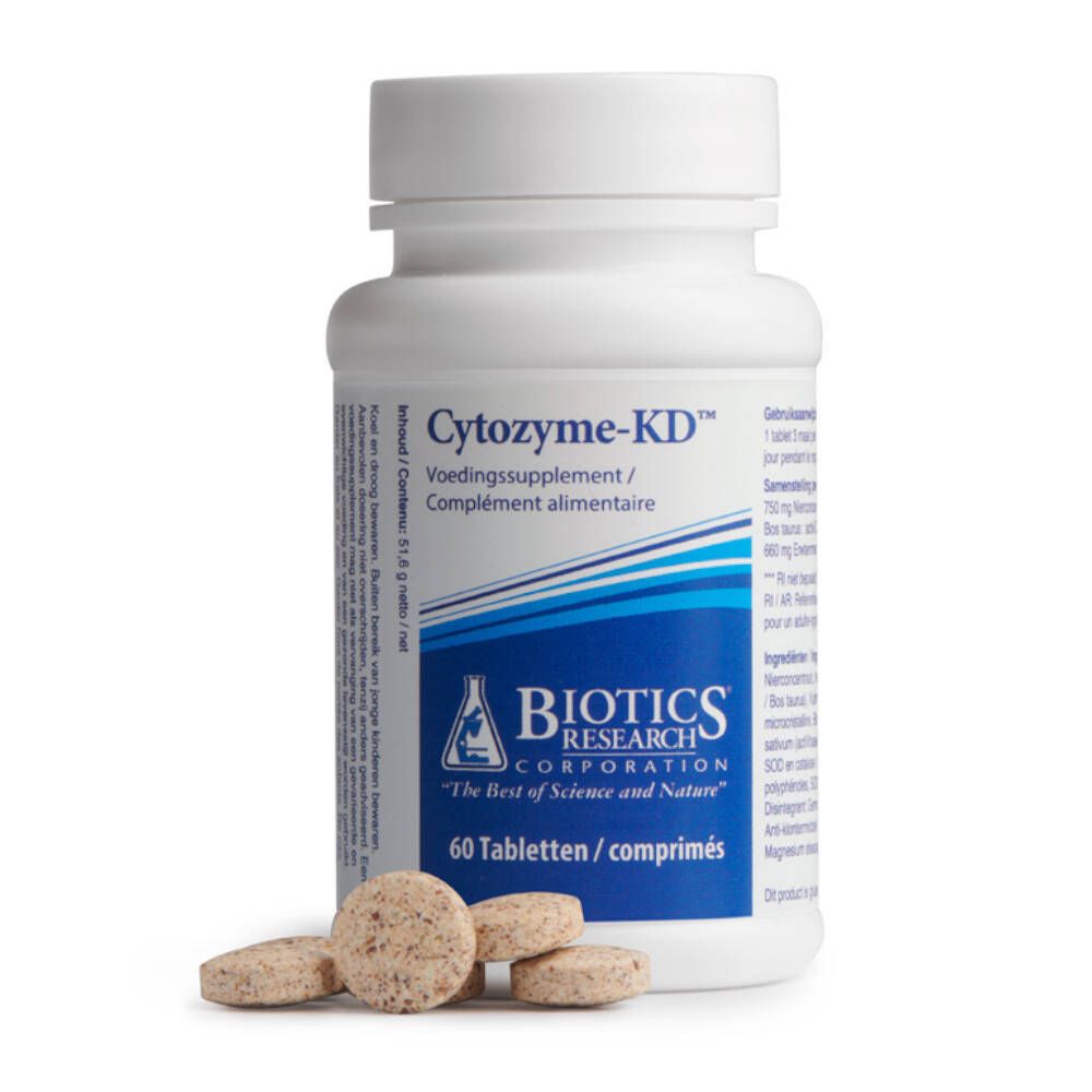 Flacon blanc avec étiquette Cytozyme-KD et comprimés à côté. Logo BIOTICS RESEARCH. 60 comprimés.