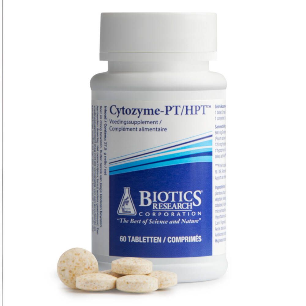 Weiße Flasche Cytozyme-PT/HPT mit Tabletten daneben. 60 Tabletten. Biotics Research Logo. Tabletten sind hellbraun.