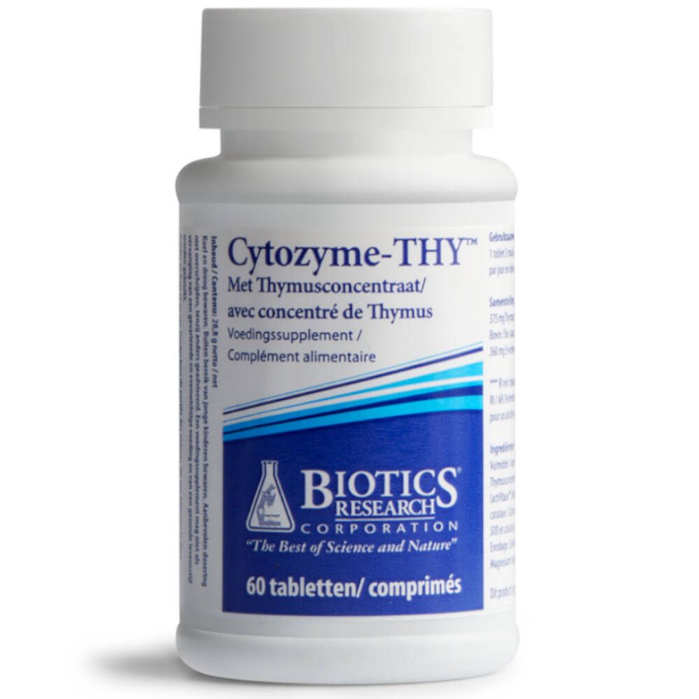 Flacon blanc avec texte Cytozyme-THY. Logo Biotics Research. 60 comprimés. Complément alimentaire.